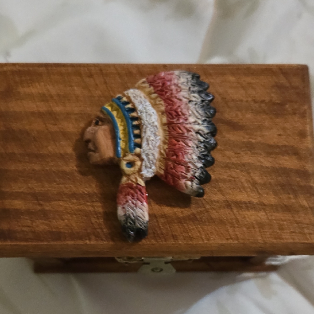 Handcrafted Wooden Box with Native American Chief Design
